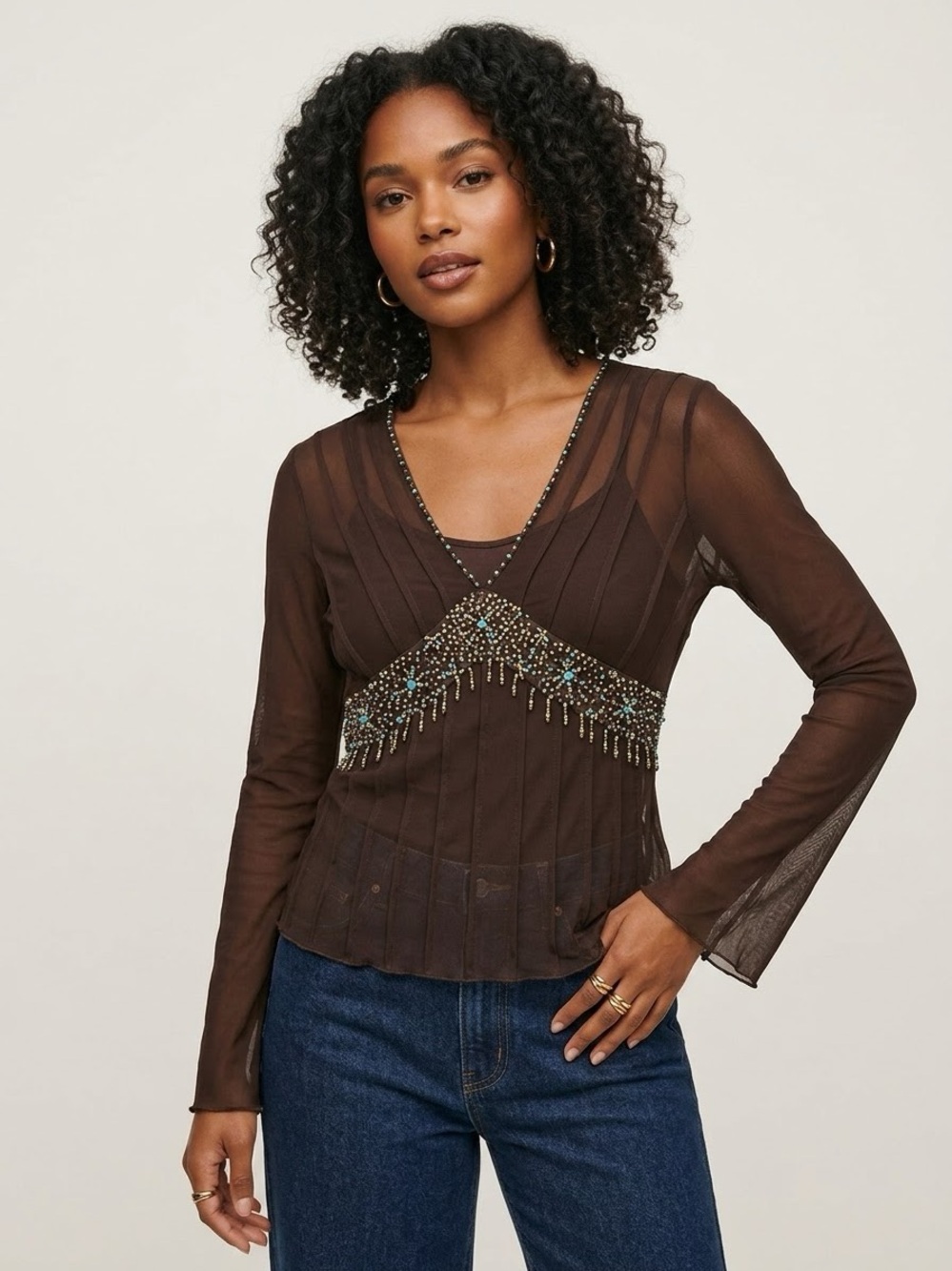 ECI Brown Sheer V-Neck Long Sleeve Top with Beaded Trim